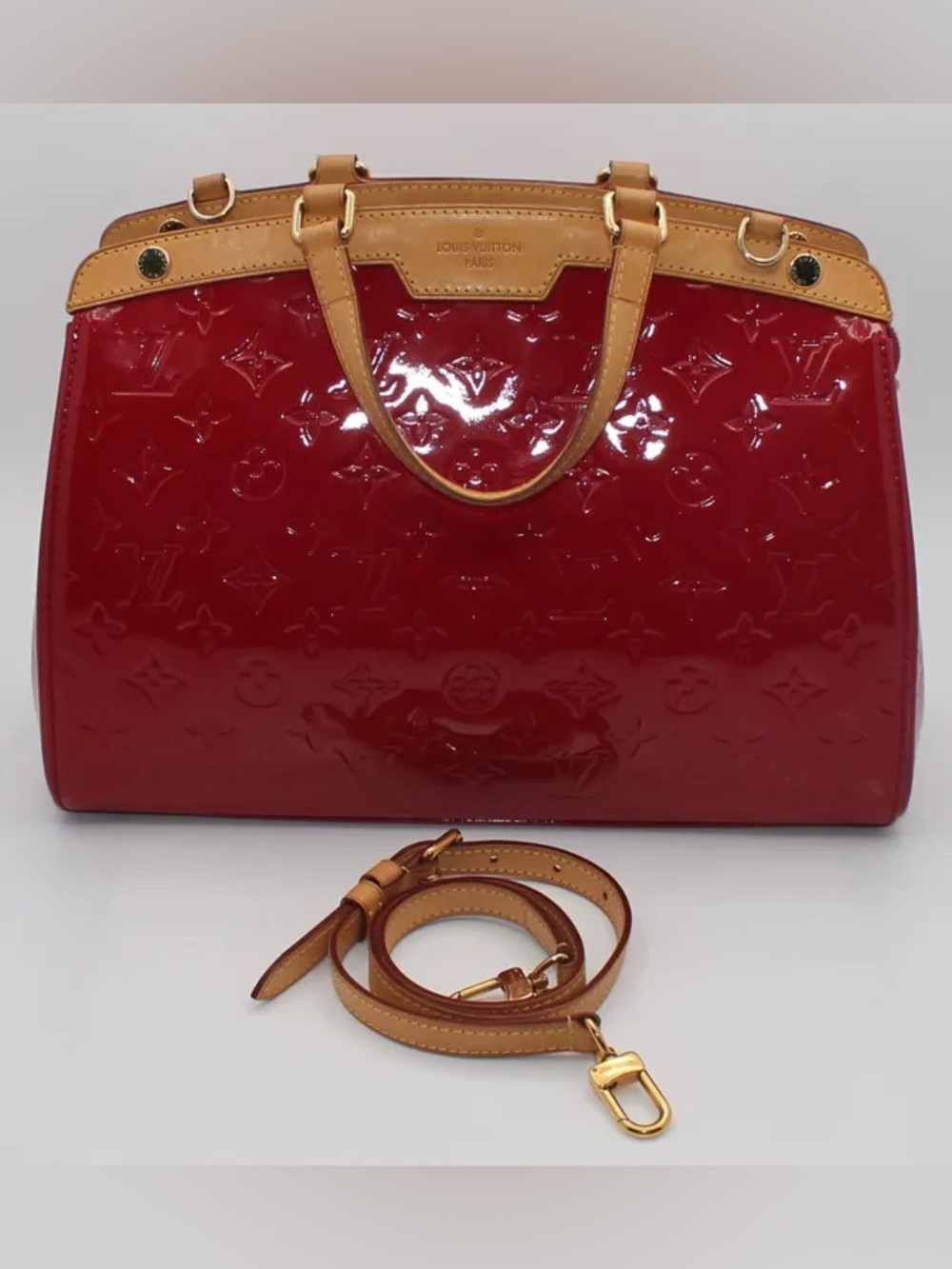 Louis Vuitton Red Vernis Satchel with Natural Vachetta Handles